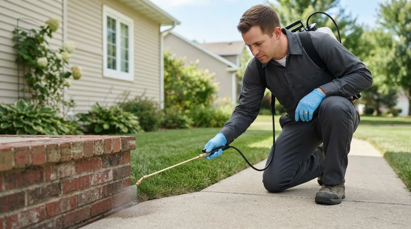 Pest control technician treating a home near Burrton, KS