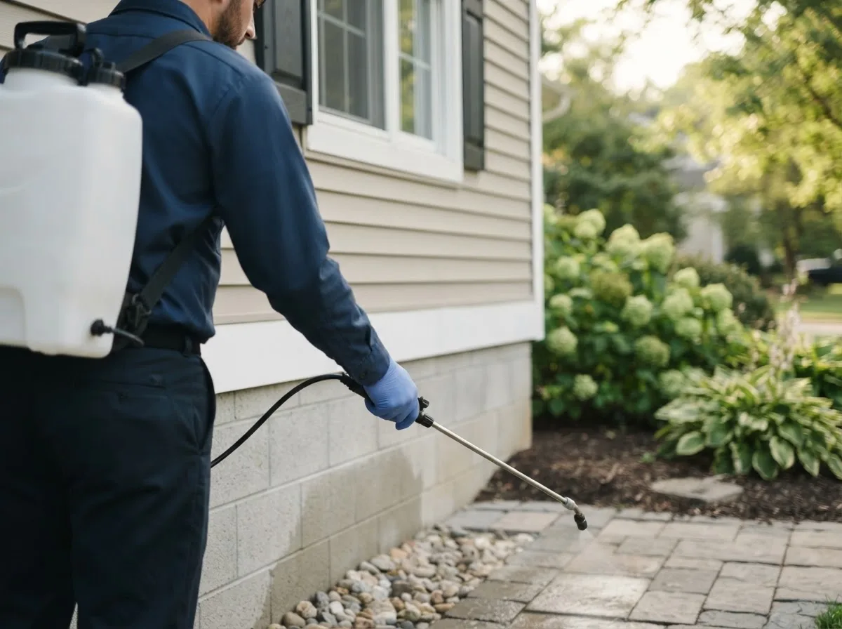 Pest control technician inspecting a home in Burrton, KS